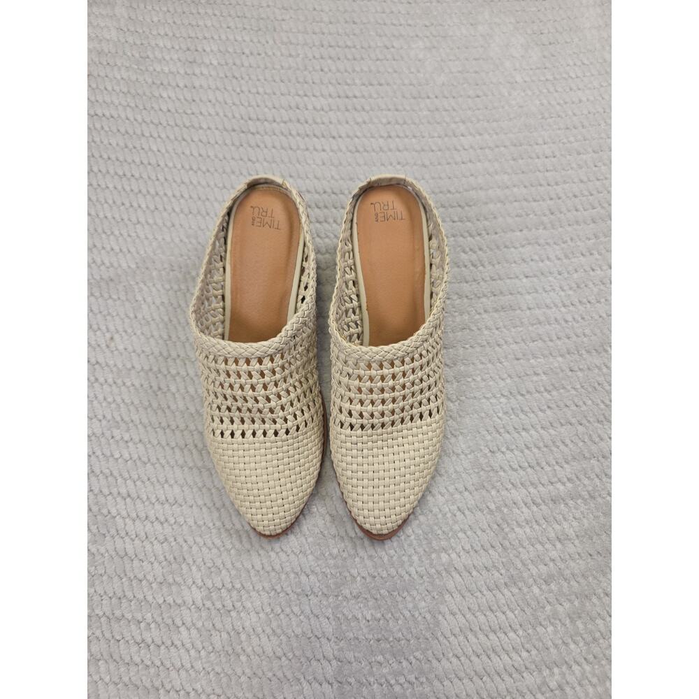Time & Tru Booties Womens Size 7.5 Ivory Woven Block Heel Mule Slip On Open Back - Picture 2 of 10